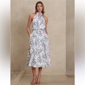 Banana Republic Factory White Blue French Country Floral Sleeveless Linen Dress